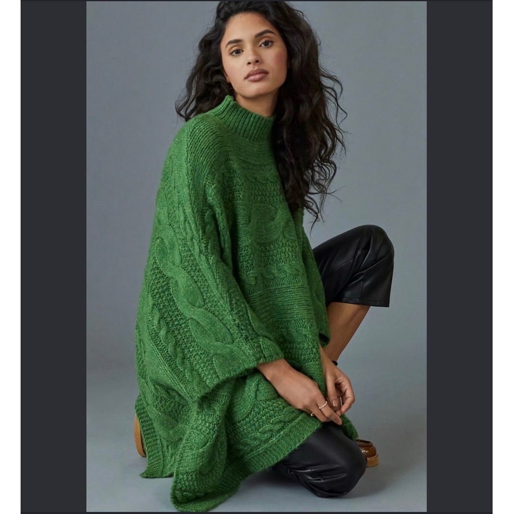 Anthropologie Grass Green Cable Knit Poncho Sweater Mock Neck Oversized Cape M/L